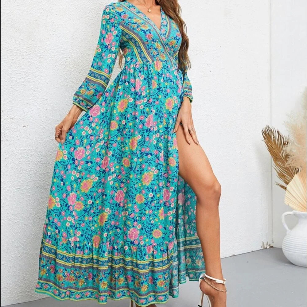 Boho Gypsy Floral Paisley Print Ruffle WRAP Maxi Dress - Picture 2 of 9